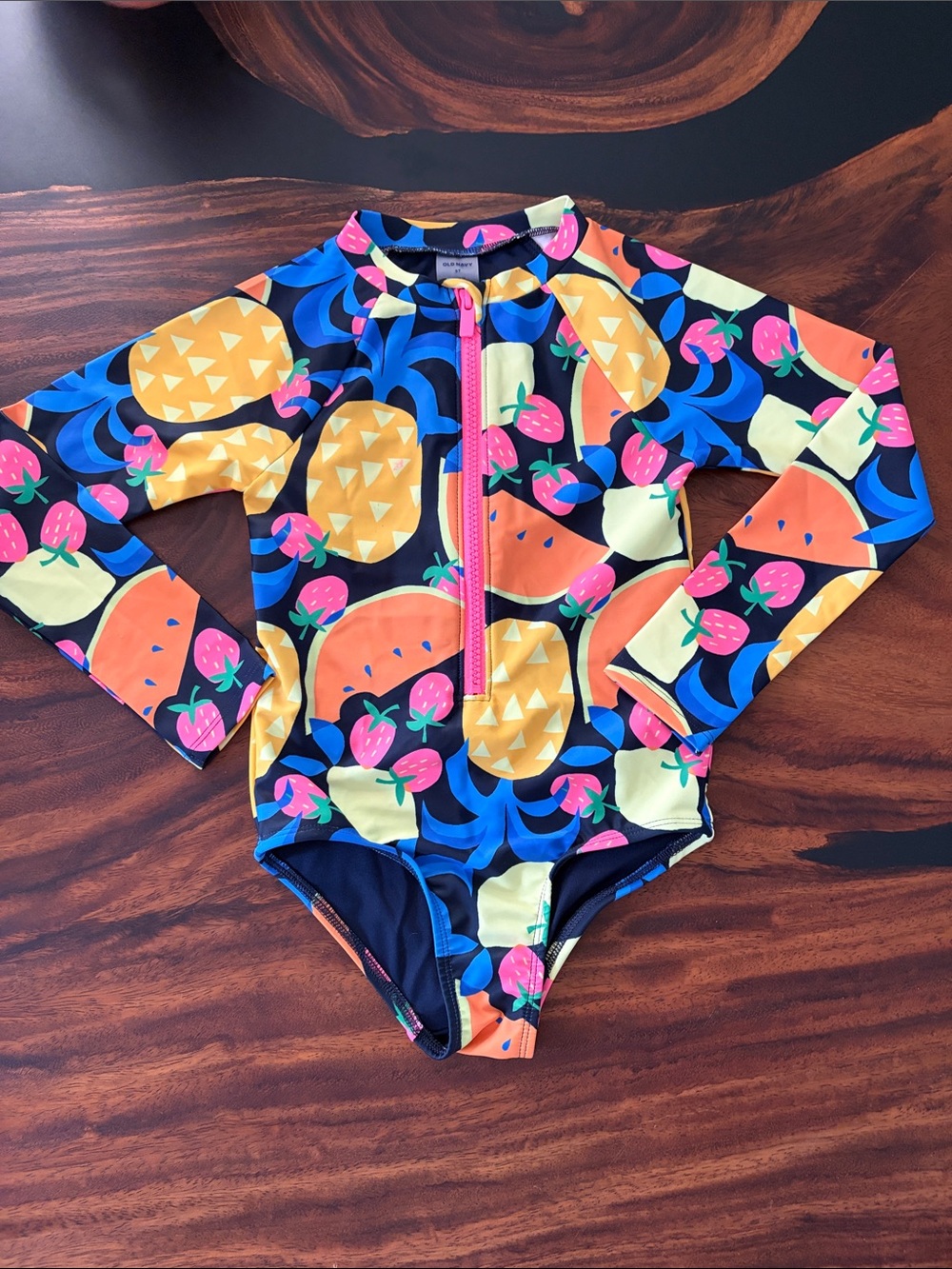 Girls' Long-Sleeve Fruit Print Rash Guard Swimsuit - Navy & Multicolor